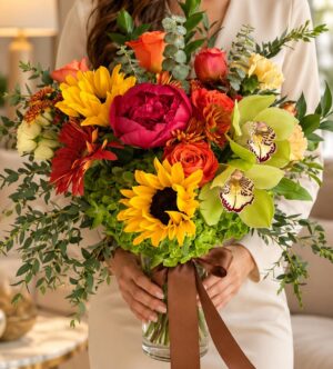 Autumn Kiss fall flower arrangement in a vase with peony, sunflowers, orange roses and orchids - A-Flowers Chicago