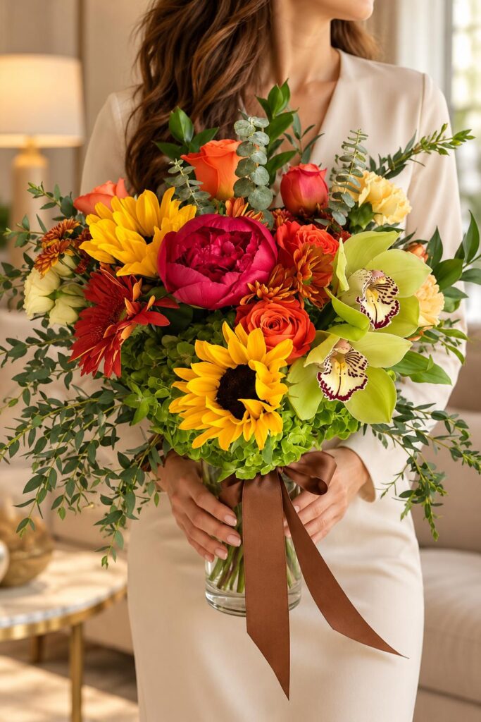Autumn Kiss fall flower arrangement in a vase with peony, sunflowers, orange roses and orchids - A-Flowers Chicago