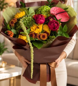 Autumn Nostalgia fall bouquet with burgundy peonies, pink anthurium and sunflowers - A-Flowers Chicago