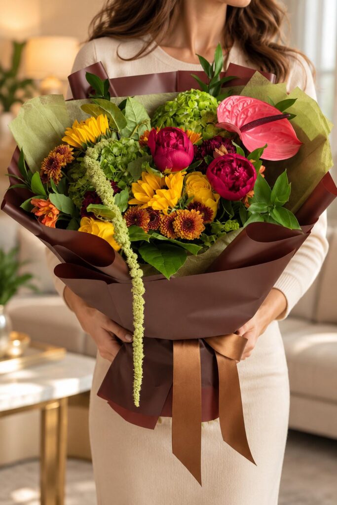 Autumn Nostalgia fall bouquet with burgundy peonies, pink anthurium and sunflowers - A-Flowers Chicago